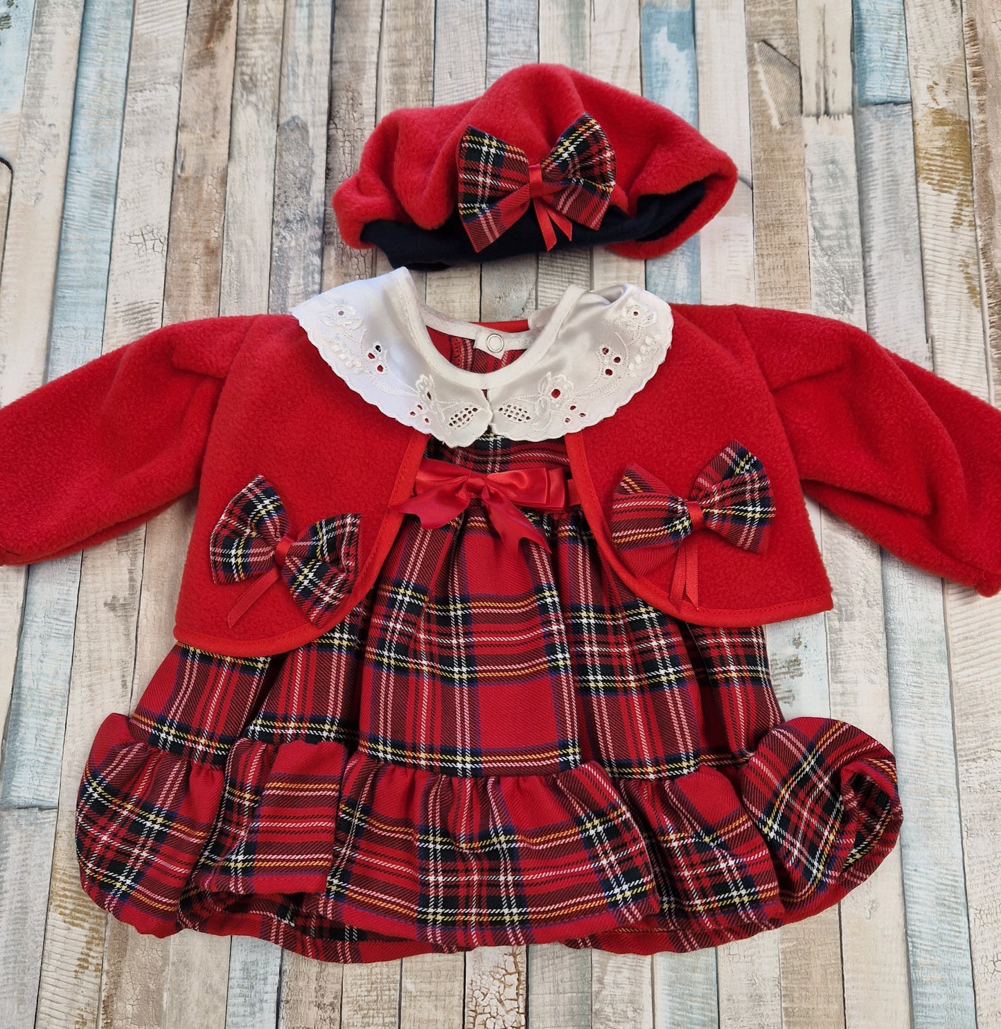 Baby Girls Red Tartan Dress With Matching Jacket & Hat