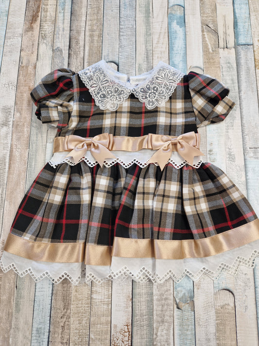 Baby Girls Black And Gold Lace Tartan Dress