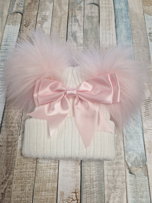 Baby Girls  White And Pink Bow And Fluffy Double Pom Hat