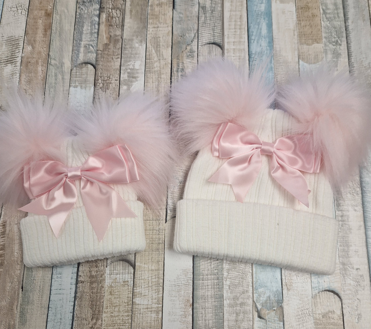 Baby Girls White And Pink Bow And Fluffy Double Pom Hat