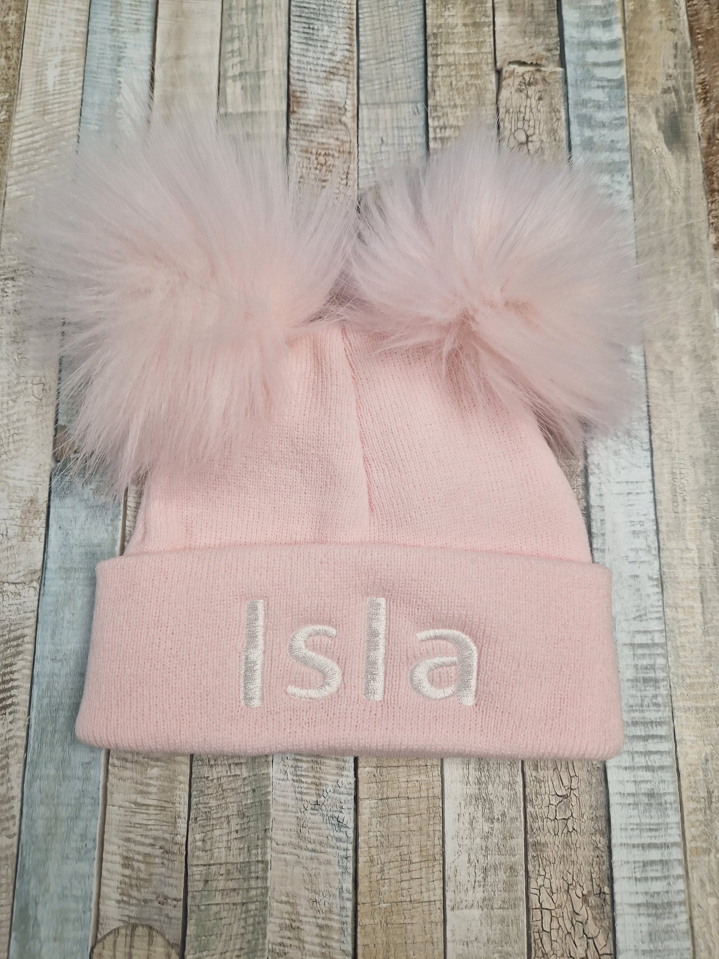 Personalised Baby Pink Knitted Double Pink Fluffy Faux Fur Pom Hat
