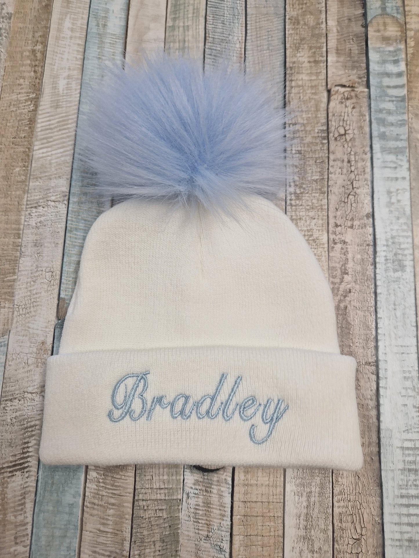 Personalised Baby White Knitted Single Blue Fluffy Faux Fur Pom Hat