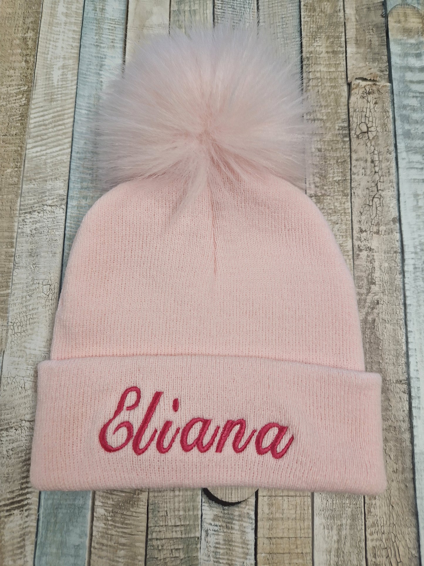 Personalised Baby Pink Knitted Single Pink Fluffy Faux Fur Pom Hat