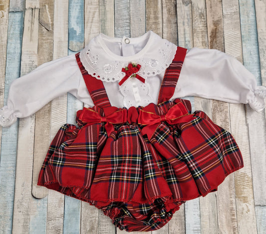 Baby Girls Red Tartan Dungaree Jam Pants Set