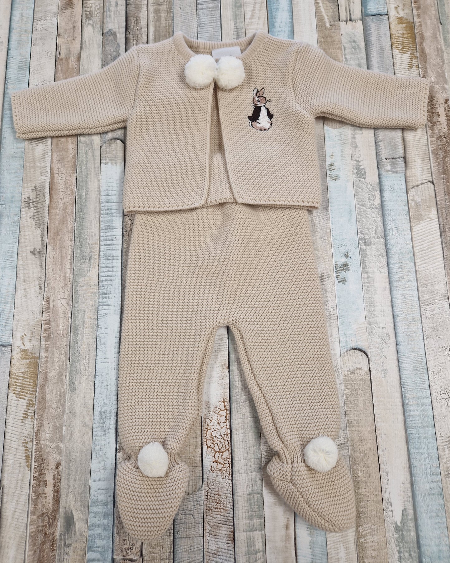 Unisex Baby Beige Knitted Pom Pom Set With Embroidered Rabbit Design