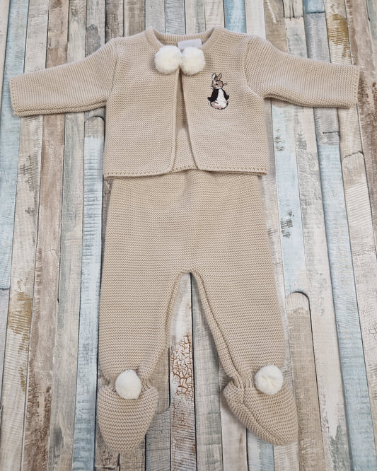 Unisex Baby Beige Knitted Pom Pom Set With Brown Embroidered Rabbit Design