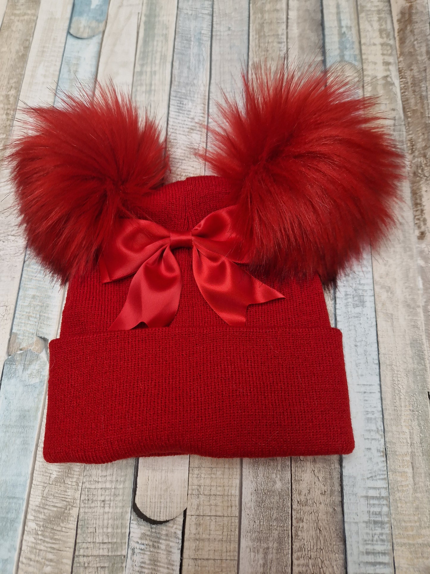 Baby Girls Red Satin Bow And Fluffy Double Pom Hat