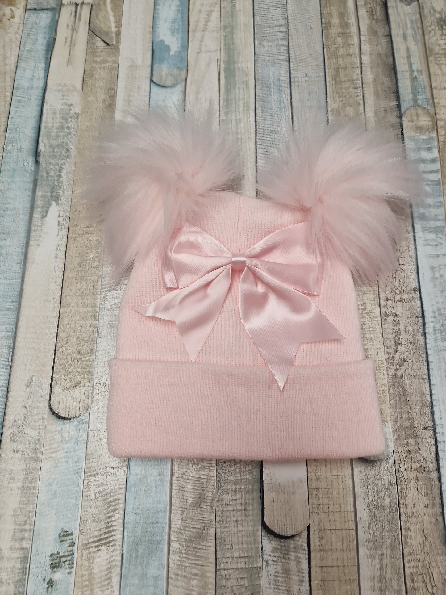 Baby Girls Pink Satin Bow And Fluffy Double Pom Hat