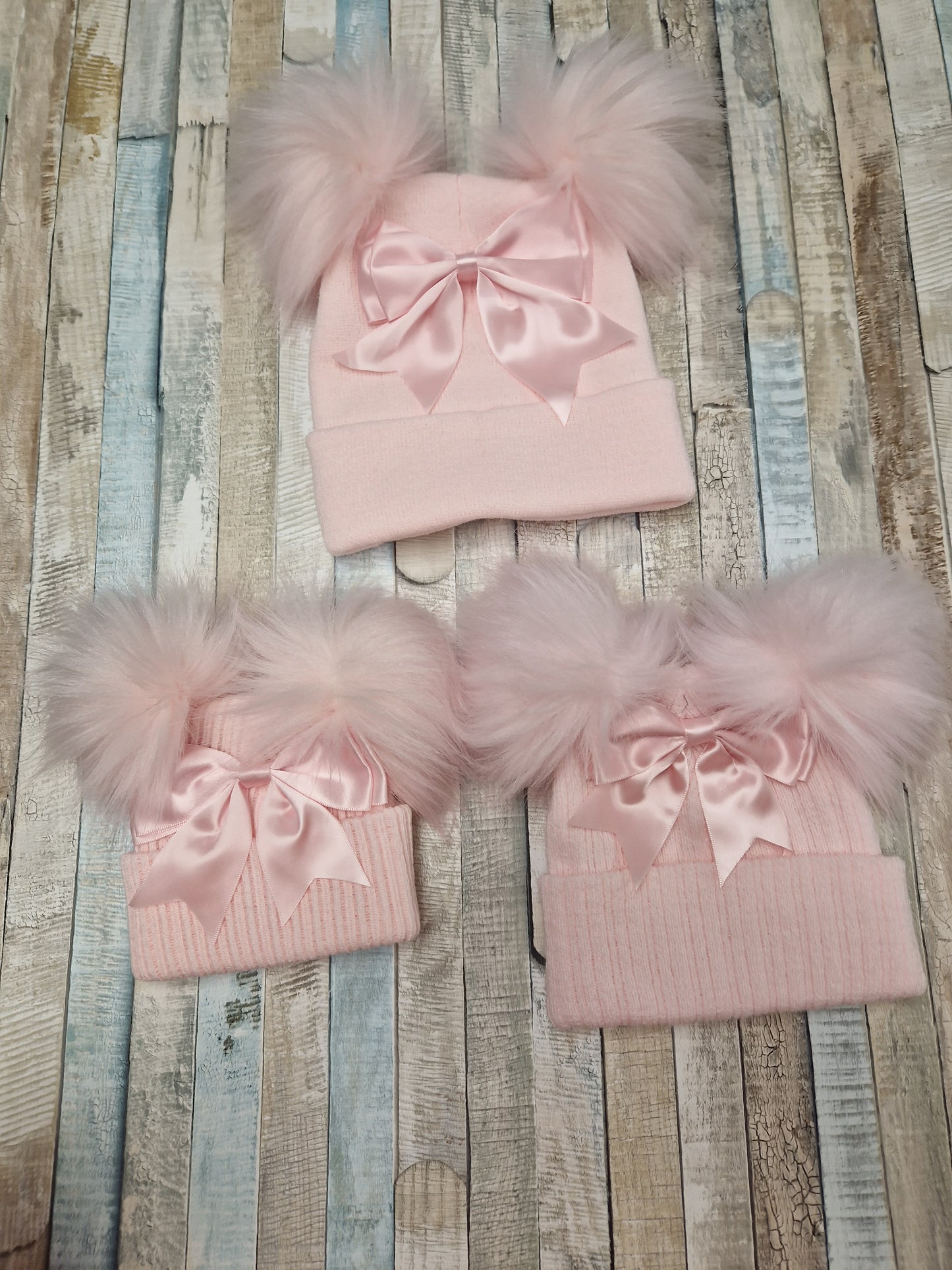 Baby Girls Pink Satin Bow And Fluffy Double Pom Hat