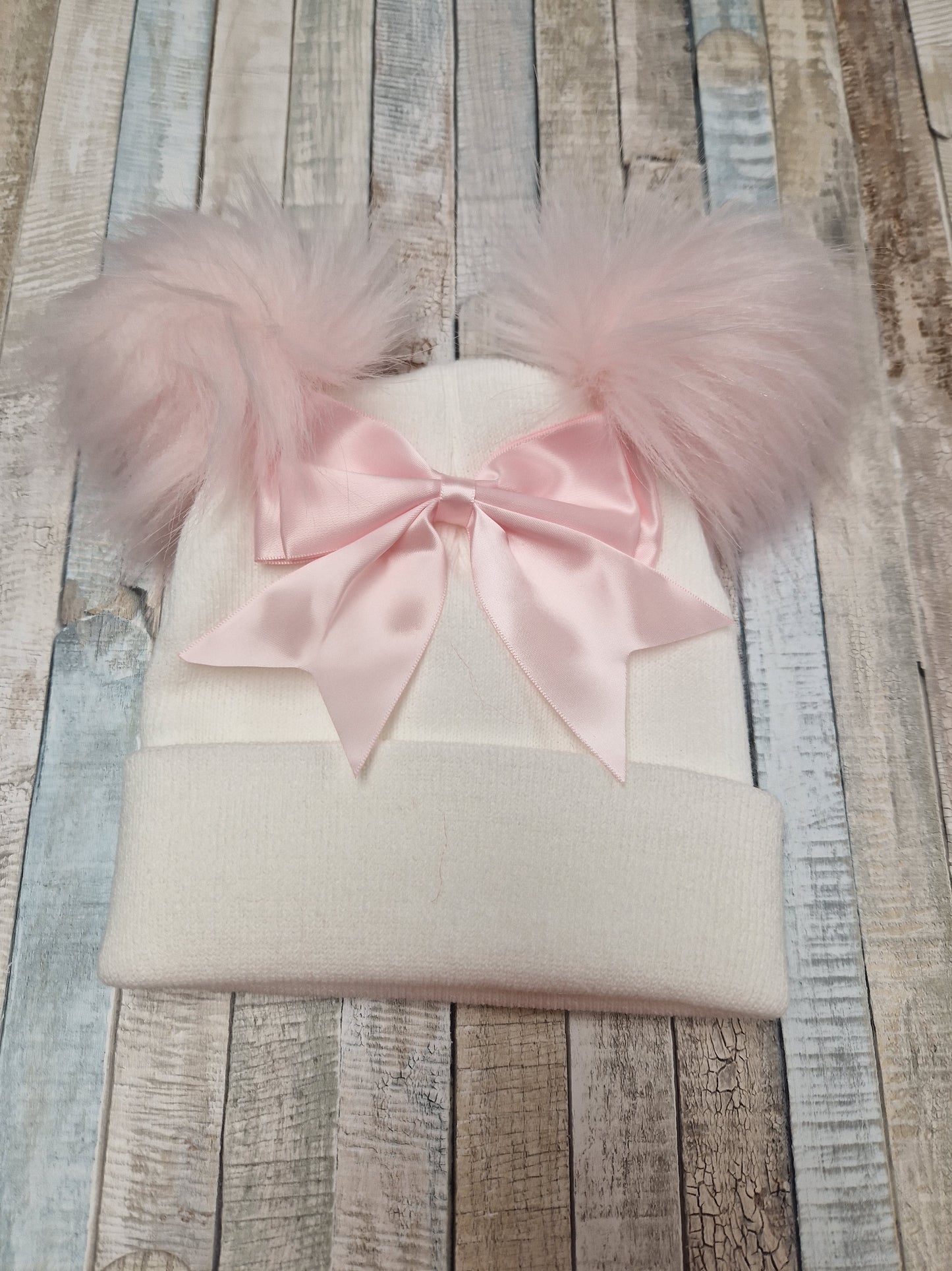 Baby Girls White And Pink Bow And Fluffy Double Pom Hat