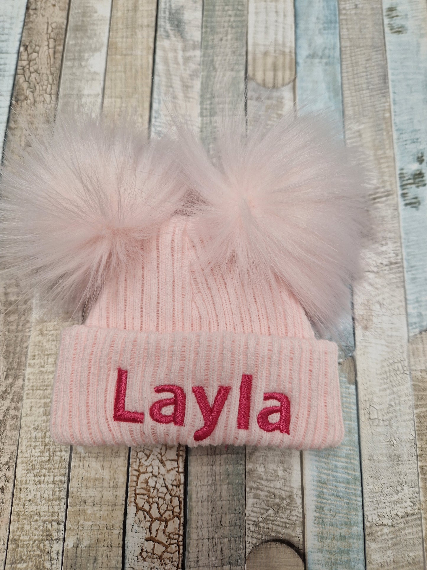 Personalised Baby Pink Knitted Double Pink Fluffy Faux Fur Pom Hat