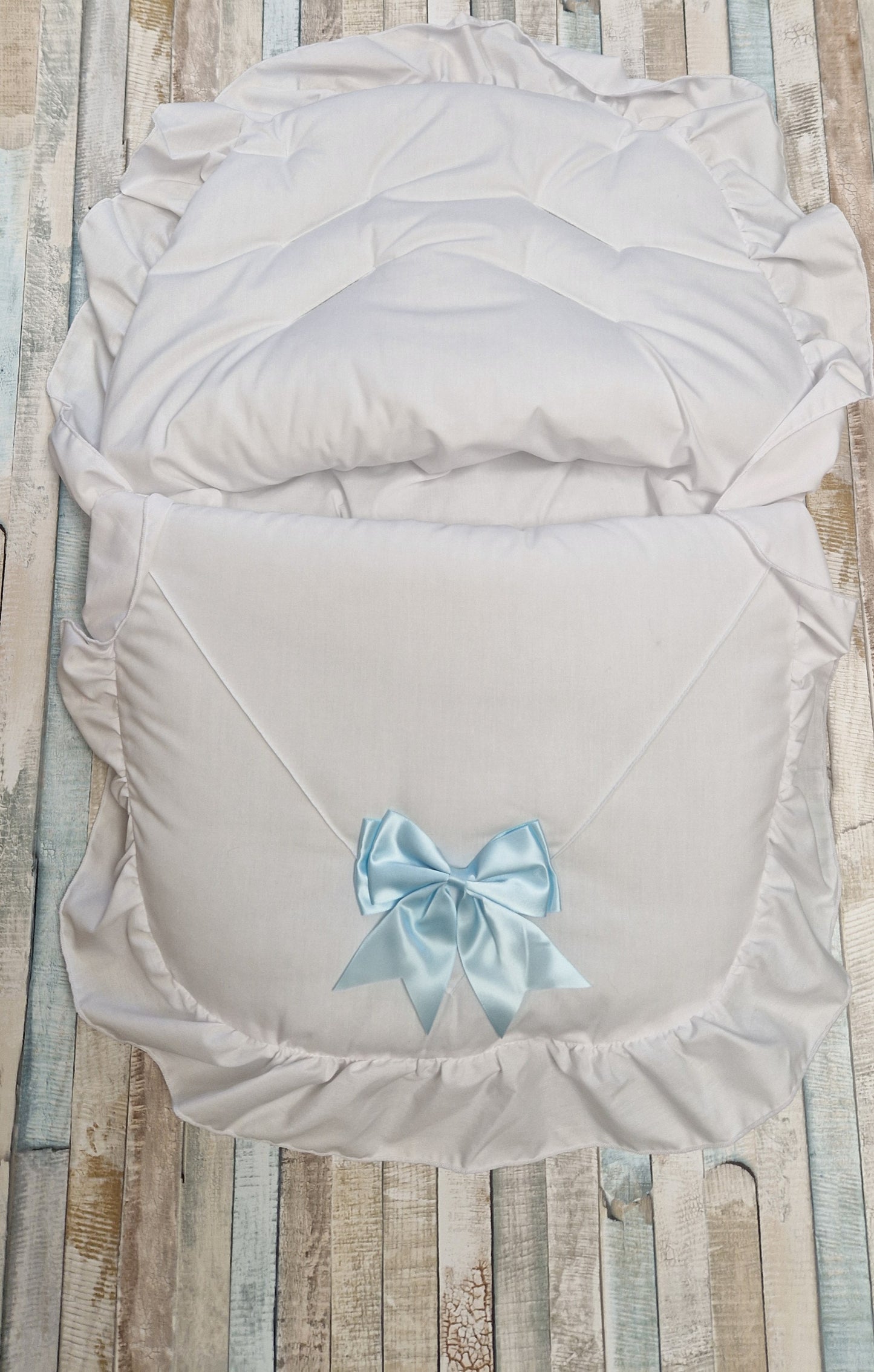 Baby Boys White Car Seat Footmuff With Blue Satin Bow