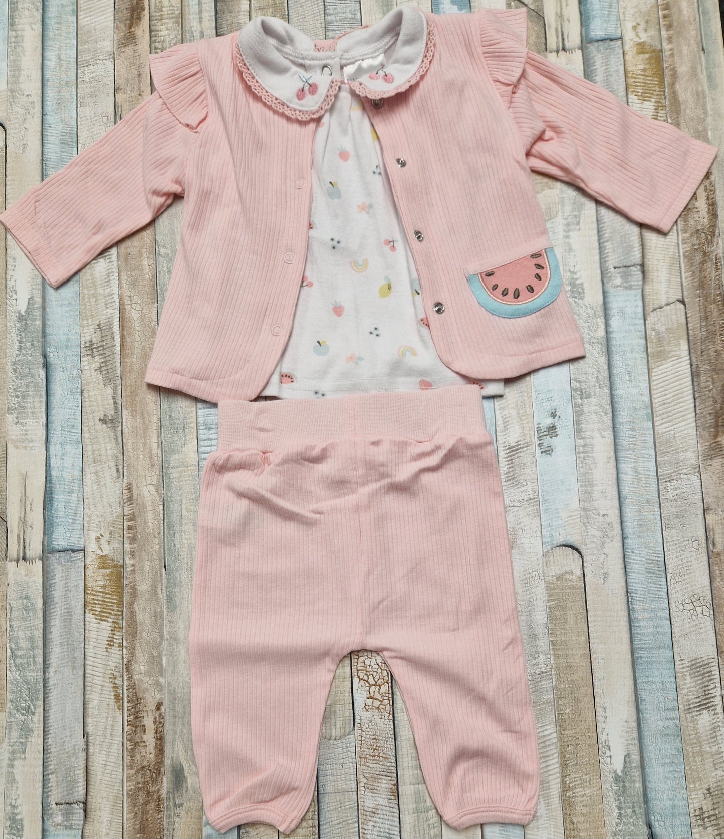 Baby Girls Pink Ribbed 3 Piece Melon Design Set