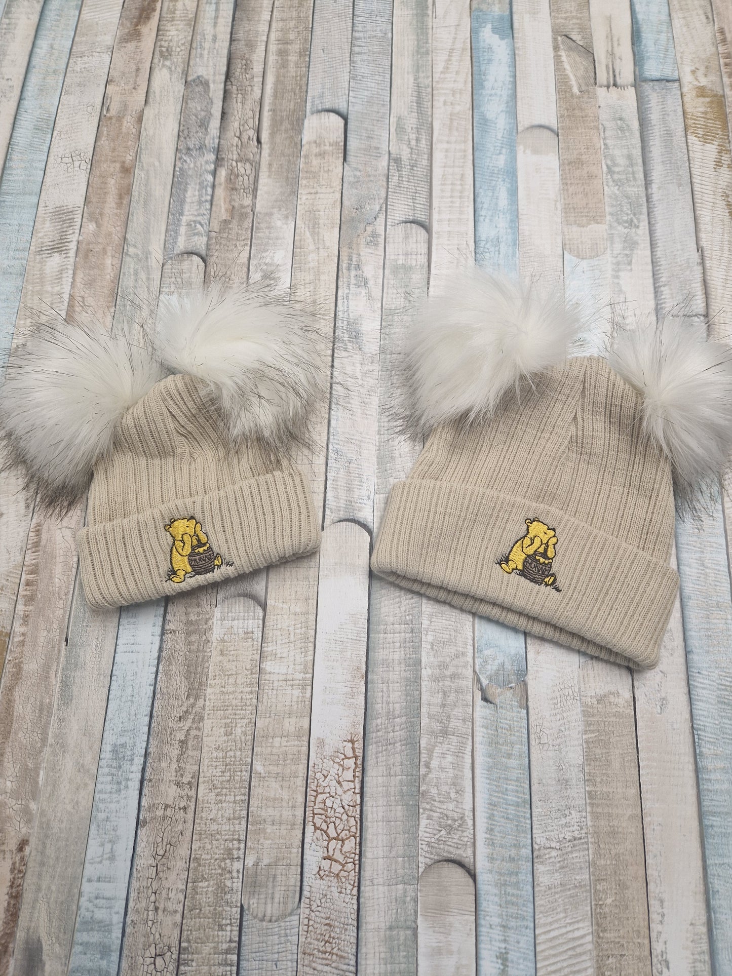 Unisex Baby Beige Double Fluffy Pom Pom Bear Hat