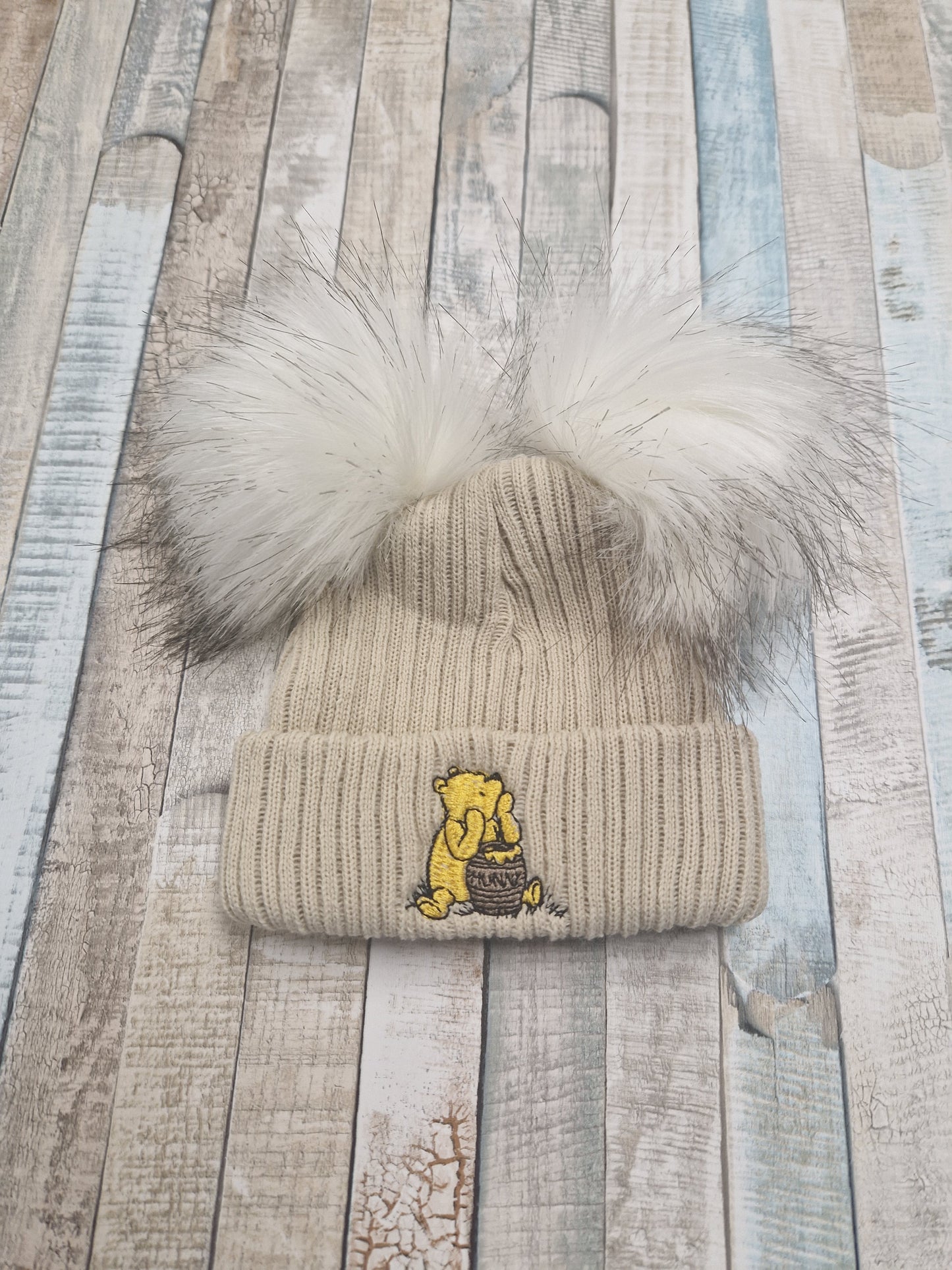 Unisex Baby Beige Double Fluffy Pom Pom Bear Hat