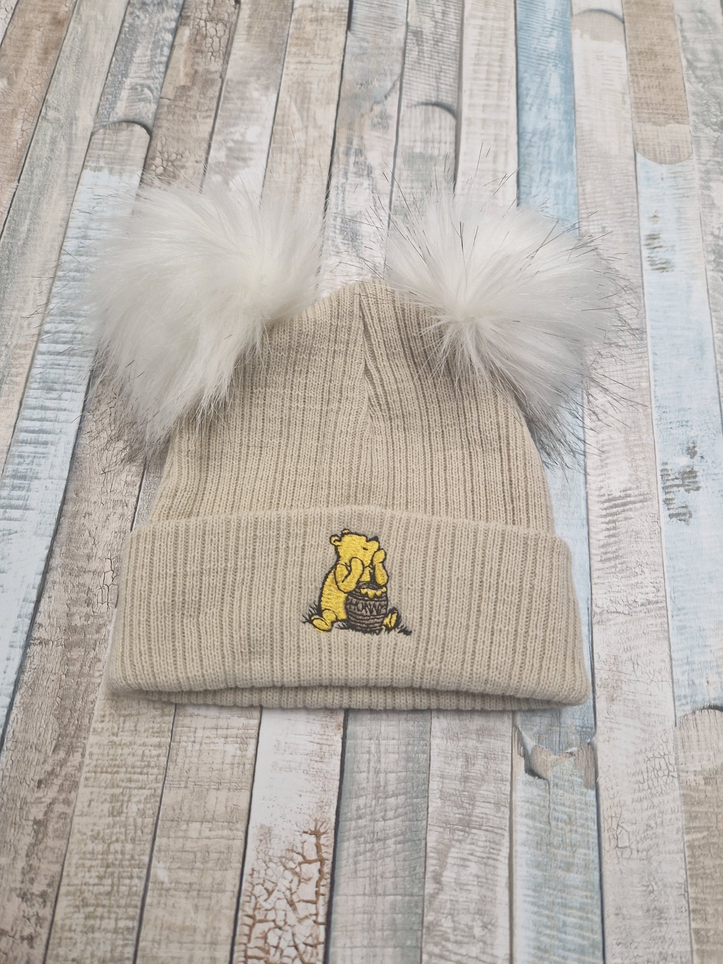 Unisex Baby Beige Double Fluffy Pom Pom Bear Hat