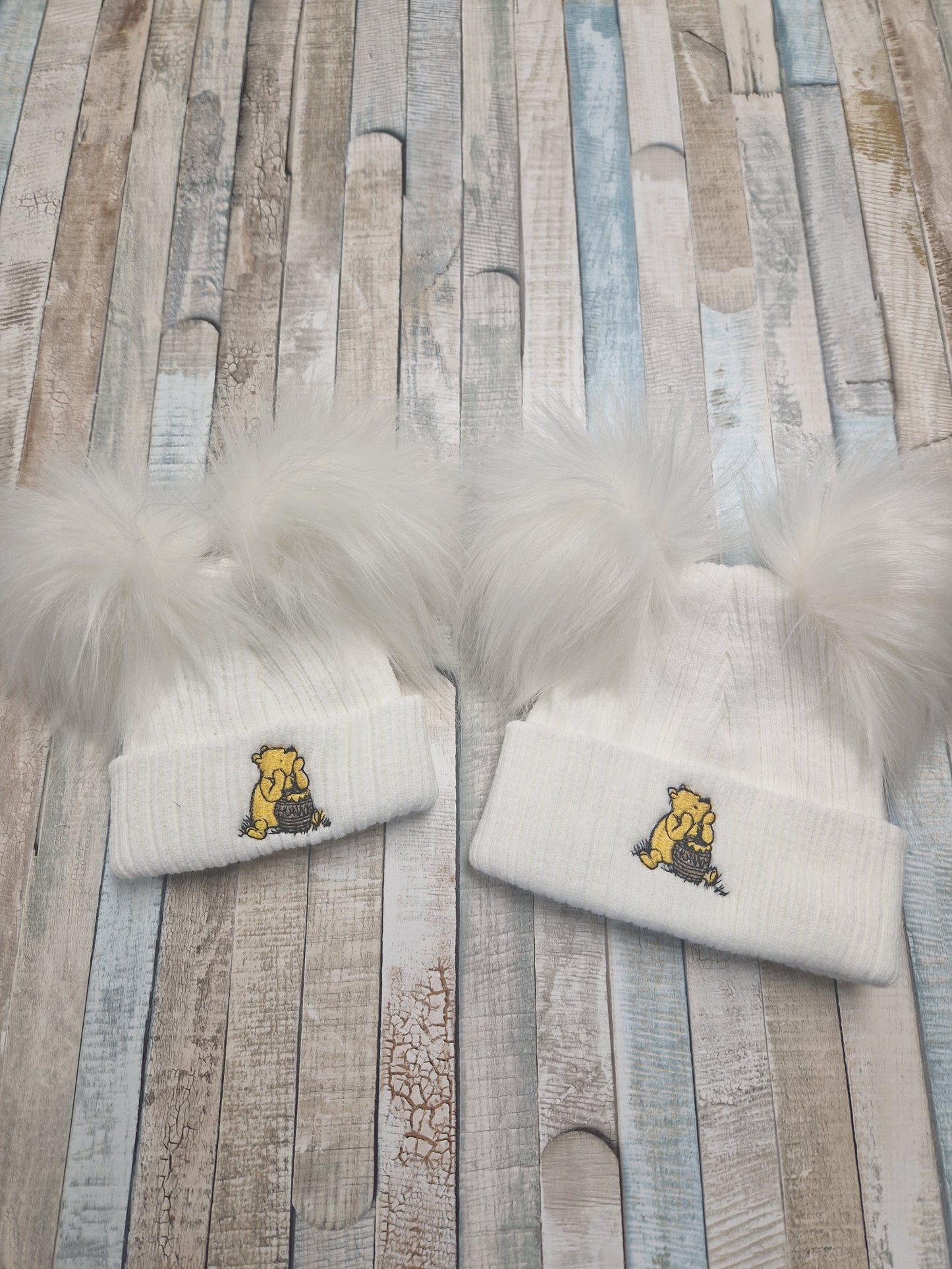 Unisex Baby White Double Fluffy Pom Pom Bear Hat