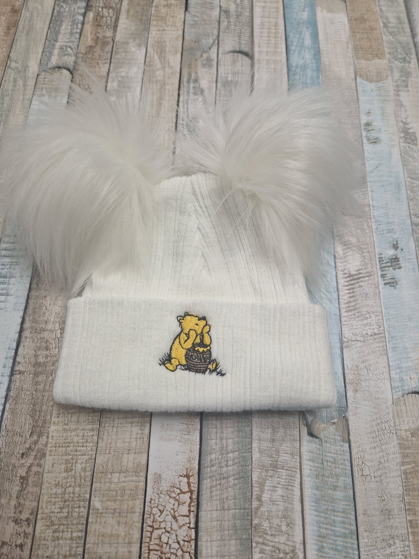 Unisex Baby White Double Fluffy Pom Pom Bear Hat