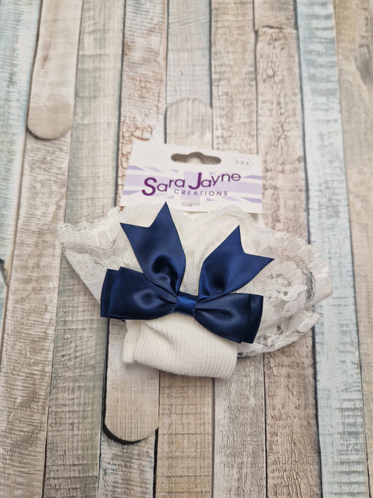 Baby Girls White & Navy Trim Socks