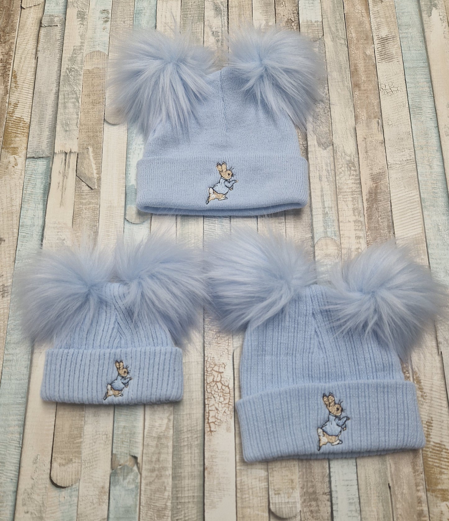 Baby Boys Blue Knitted Rabbit Double Blue Fluffy Pom Hat