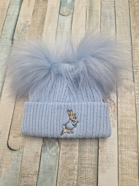 Baby Boys Blue Knitted Rabbit Double Blue Fluffy Pom Hat