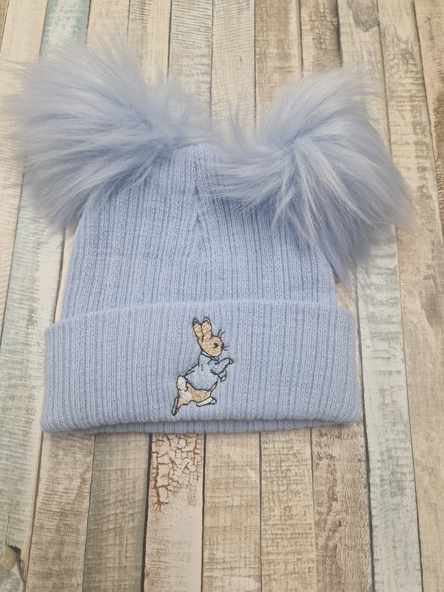Baby Boys Blue Knitted Rabbit Double Blue Fluffy Pom Hat