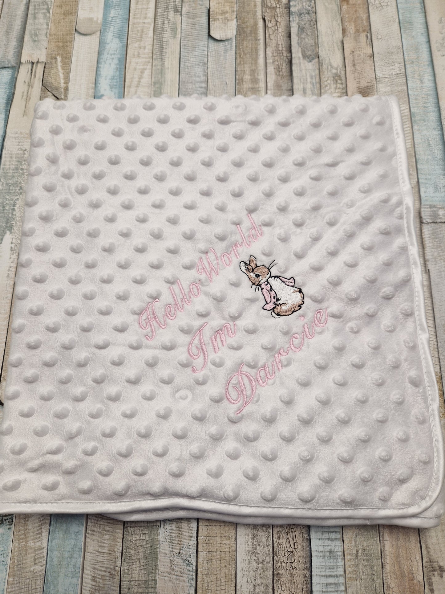 Personalised Hello World White Dimple Blanket/Wrap With Embroidered Pink Rabbit Design