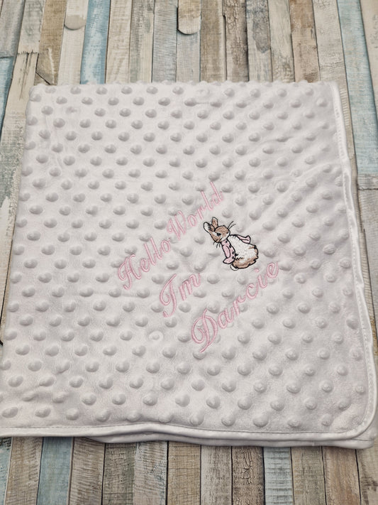 Personalised Hello World White Dimple Blanket/Wrap With Embroidered Pink Rabbit Design