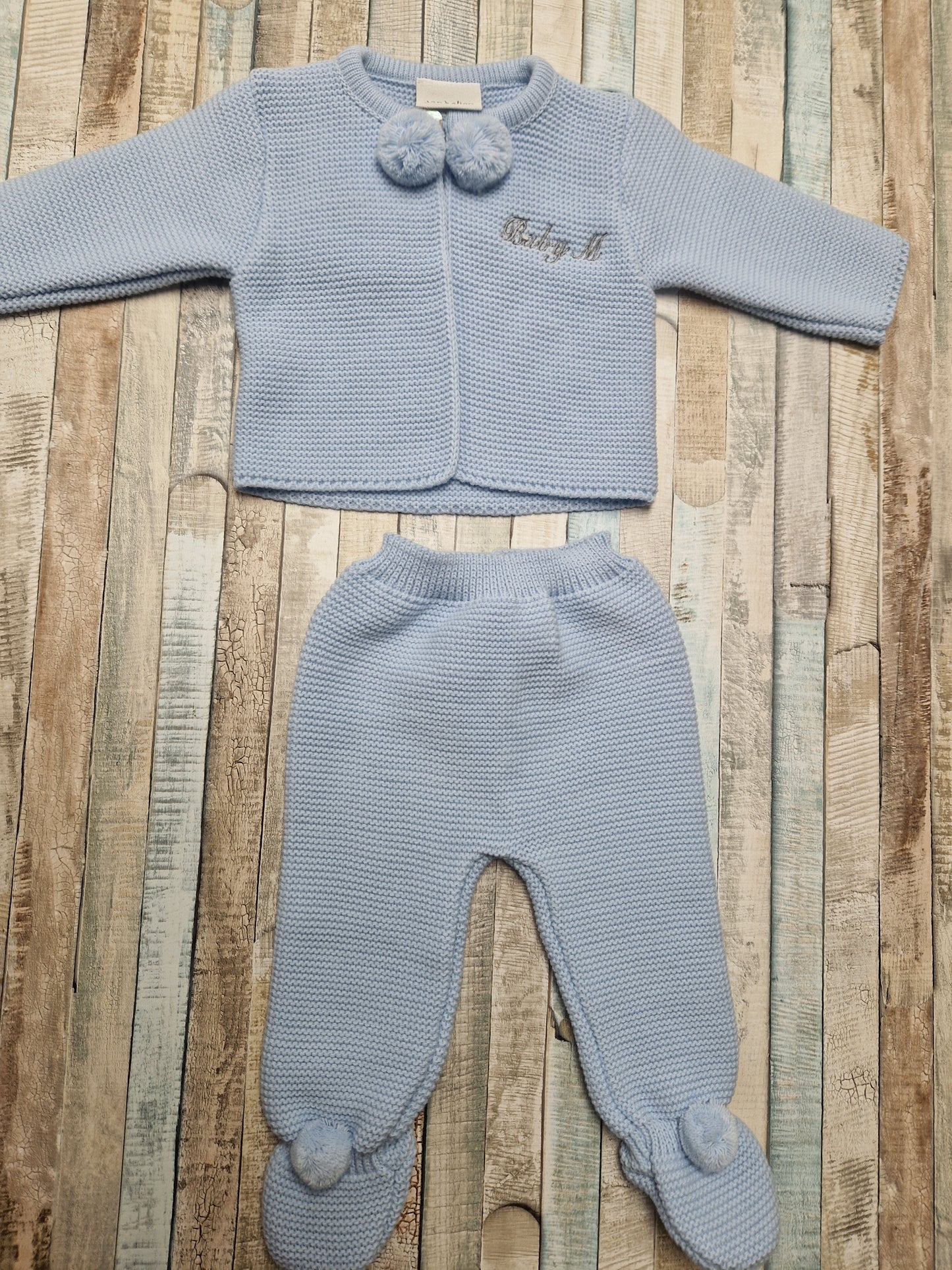 Personalised Baby Boys 2 Piece Blue Pom Pom Set
