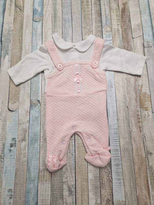 Premature Baby Girls Lace Pink And White Faux 2 Piece Dungaree set
