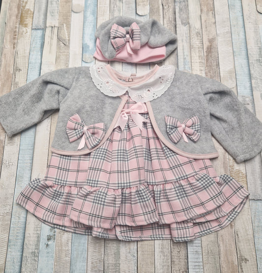 Baby Girls Pink And Grey Tartan Dress With Matching Jacket & Hat