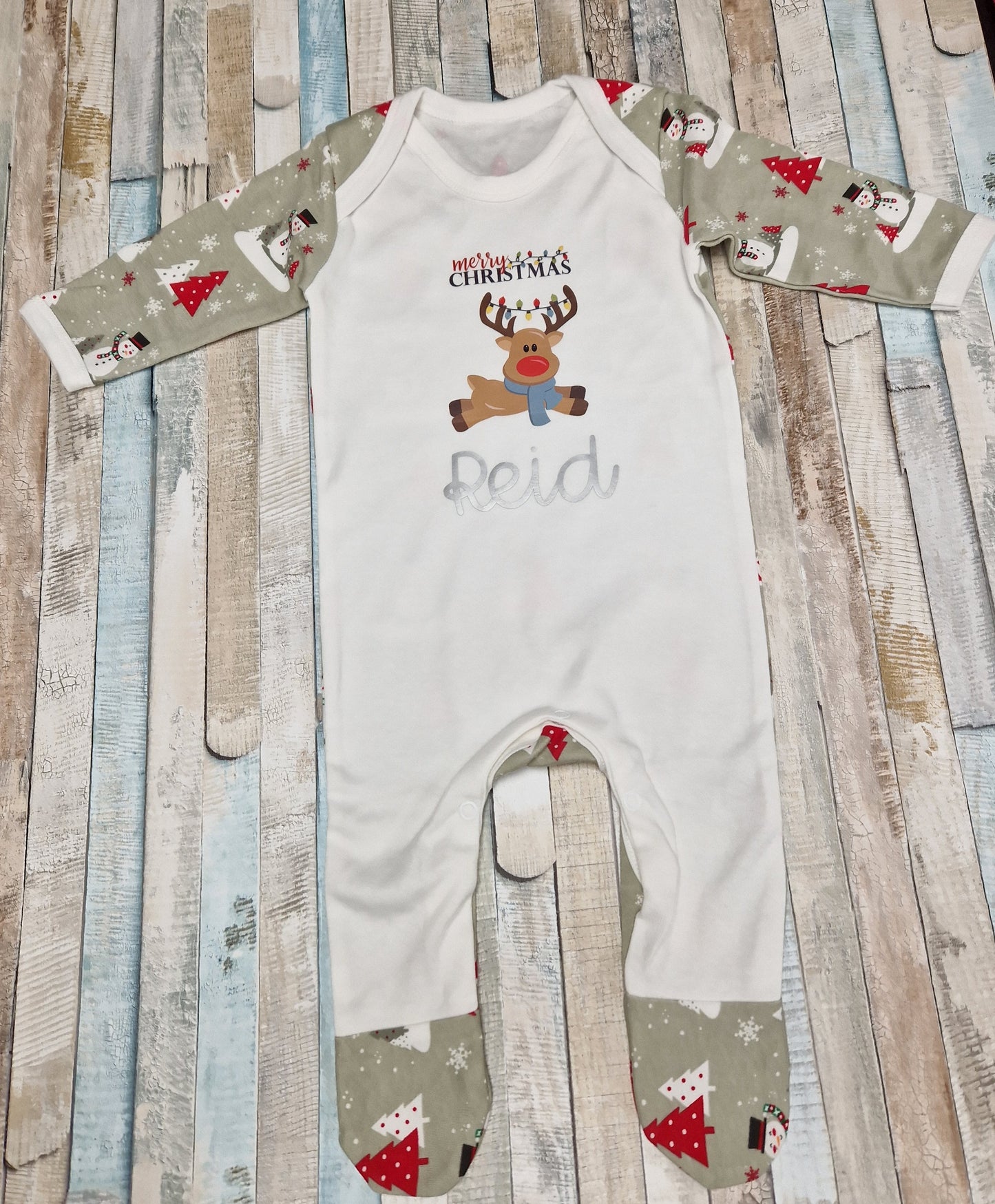 Personalised Christmas Unisex Baby Grey And White Babygro