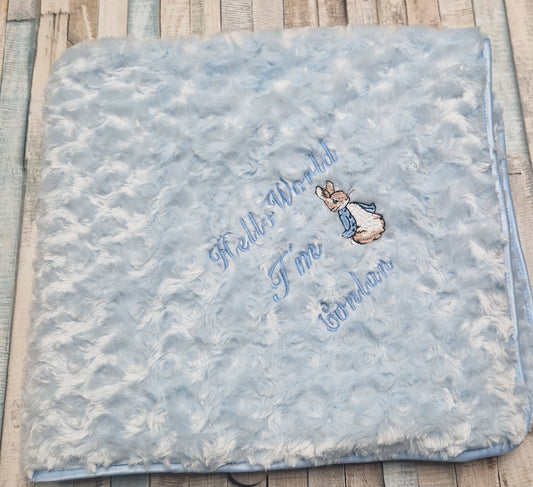 Personalised Hello World Blue Soft Rose Blanket/Wrap With Embroidered Blue Rabbit Design