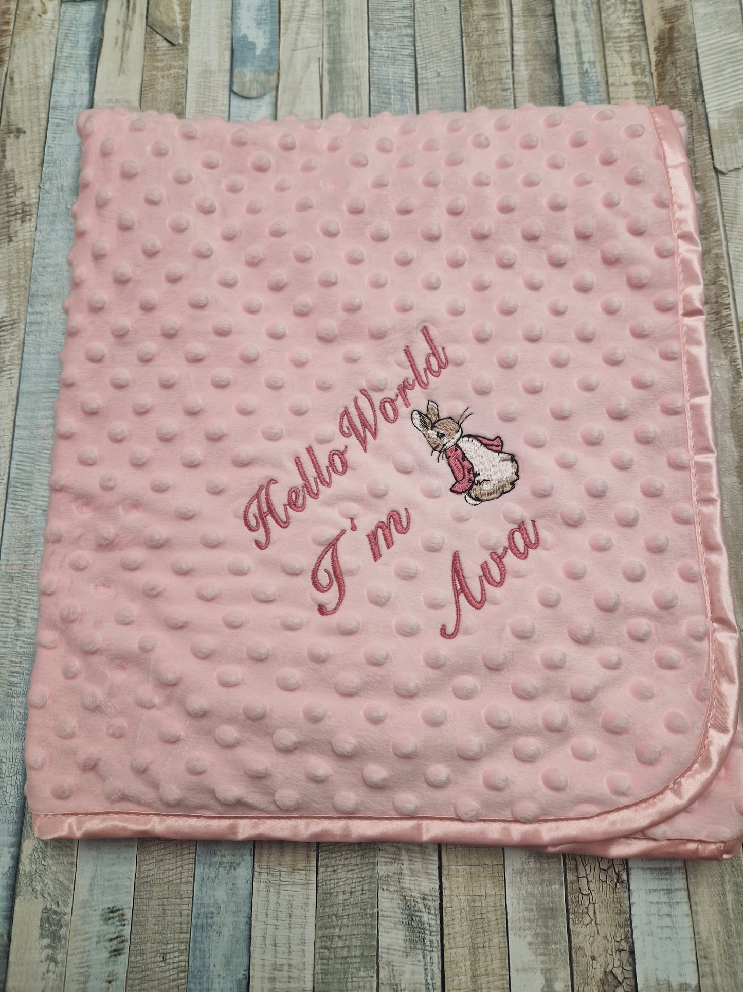 Personalised Hello World Pink Dimple Blanket/Wrap With Embroidered Pink Rabbit Design