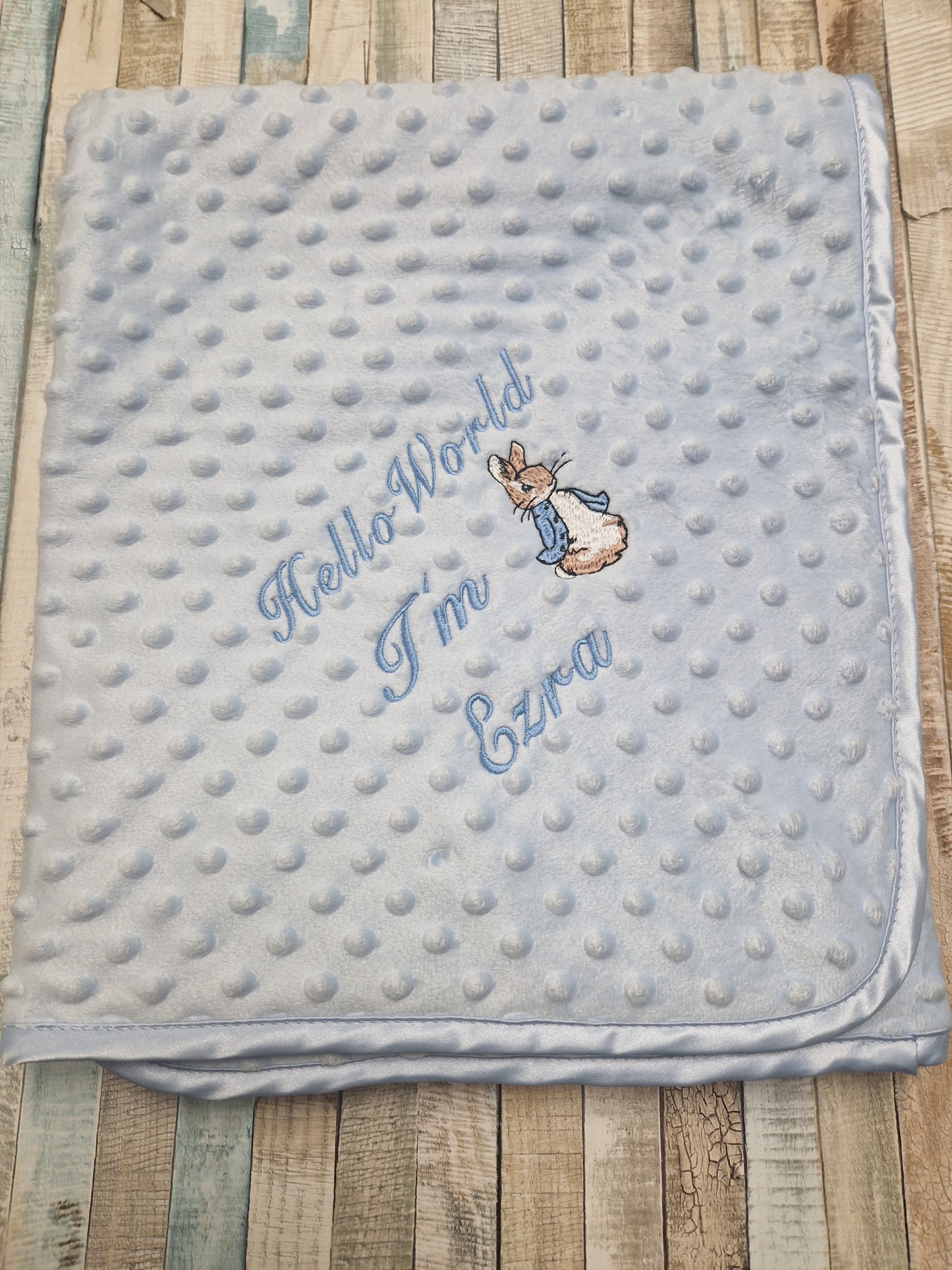 Personalised Hello World Blue Dimple Blanket/Wrap With Embroidered Blue Rabbit