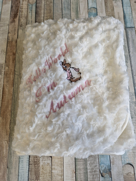 Personalised Hello World White Soft Rose Blanket/Wrap With Embroidered Pink Rabbit Design
