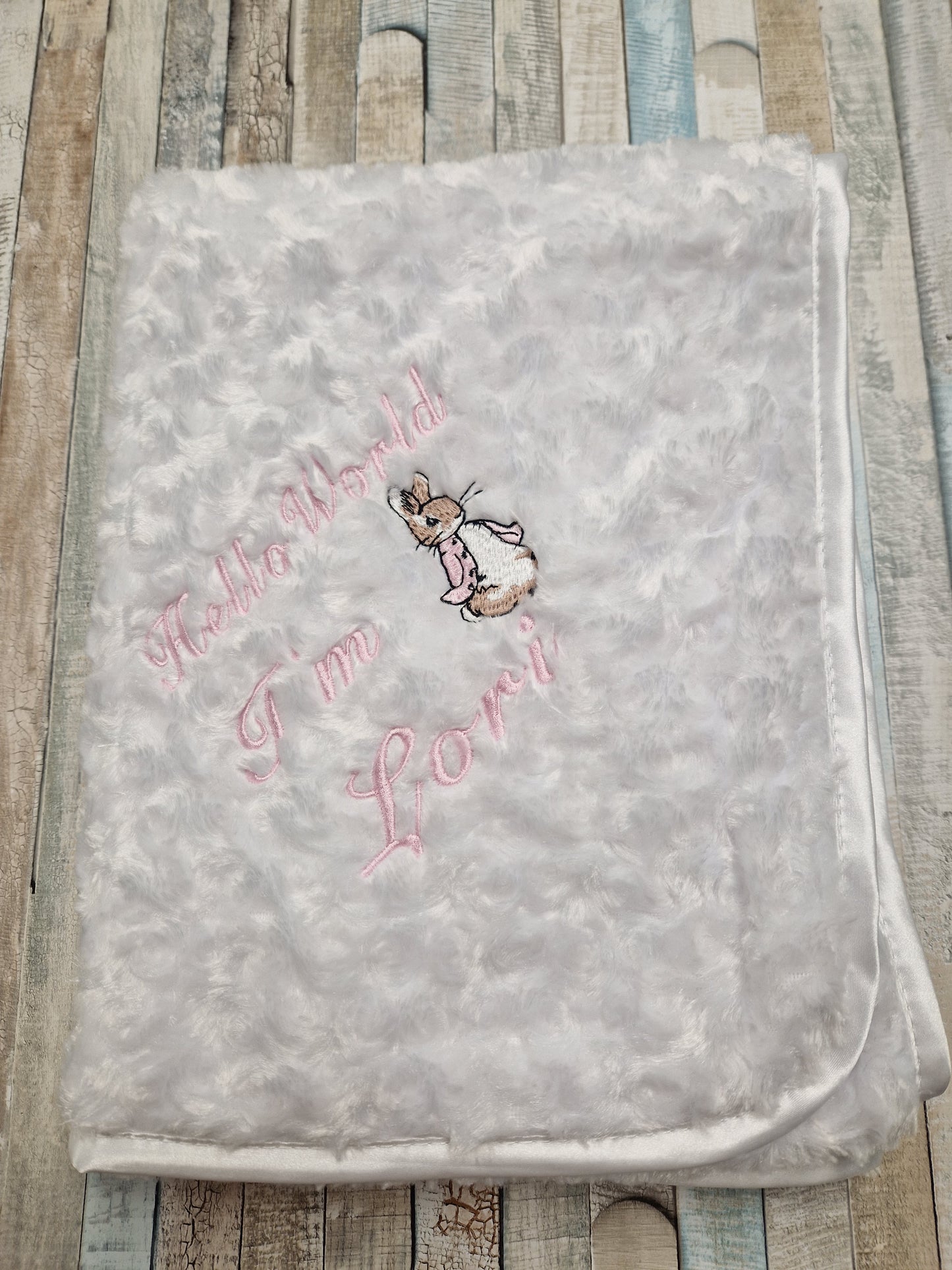 Personalised Hello World White Soft Rose Blanket/Wrap With Embroidered Pink Rabbit Design