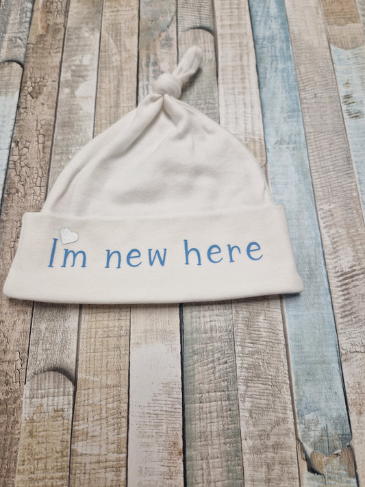 White Knotted Beanie With Printed Im New Here Cotton Hat