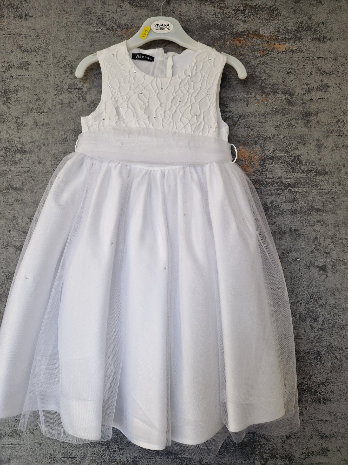 Girls White Sleeveless Dress With Diamante Detail