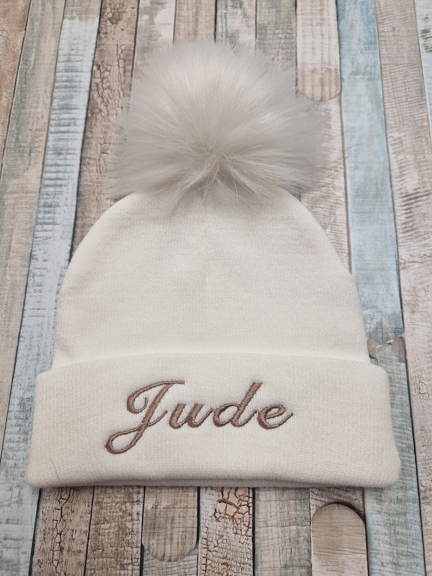 Personalised Baby White Knitted Single White Fluffy Faux Fur Pom Hat