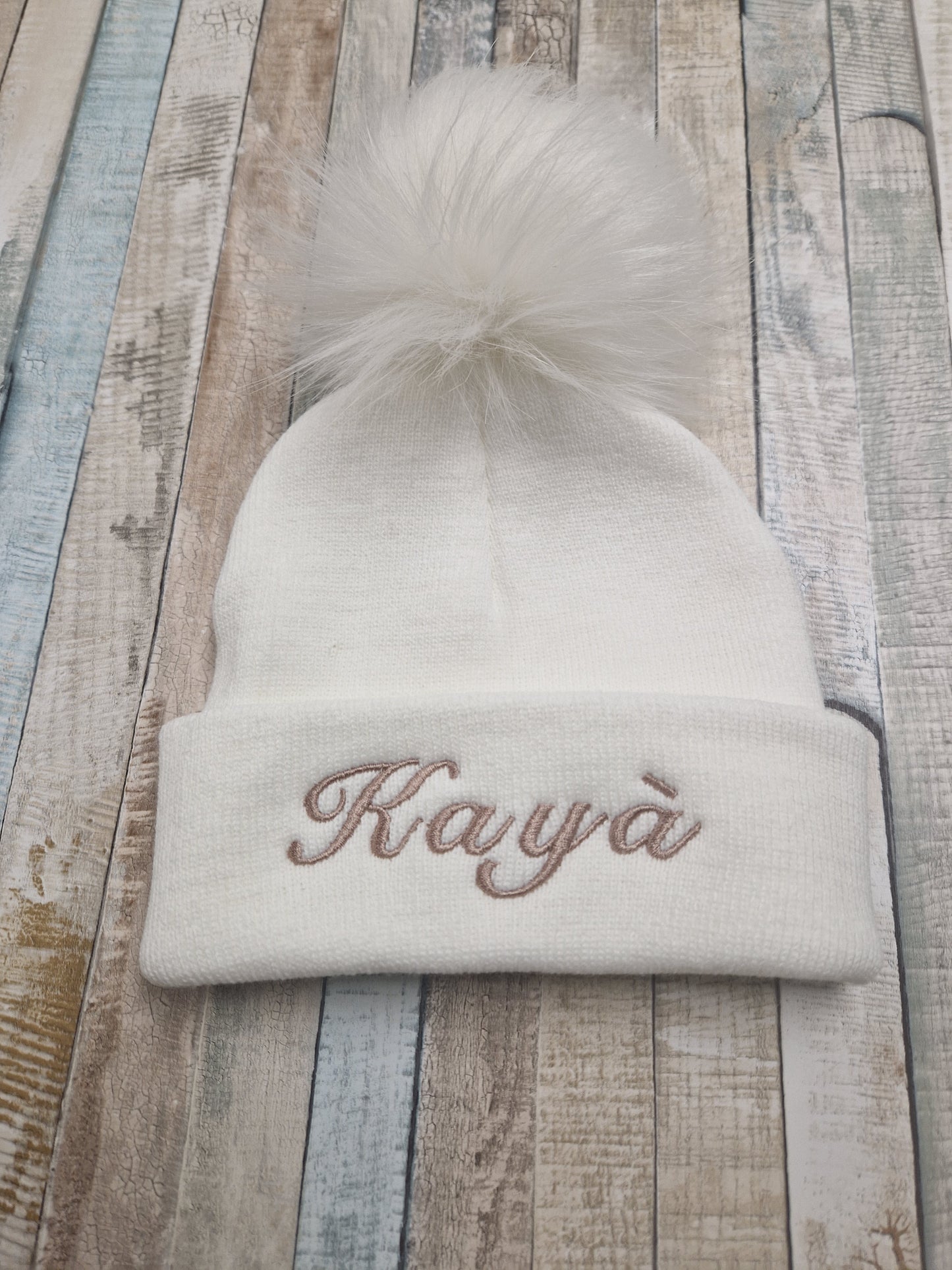 Personalised Baby White Knitted Single White Fluffy Faux Fur Pom Hat