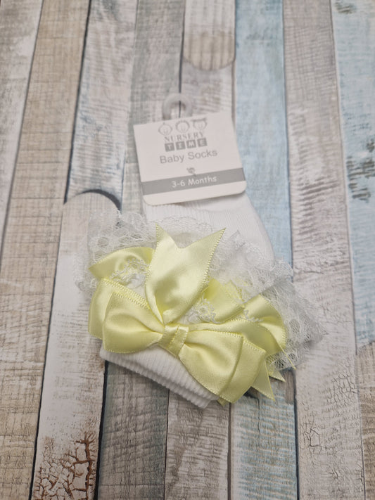 Baby Girls White Socks With Lemon Ribbon Bow & White Lace