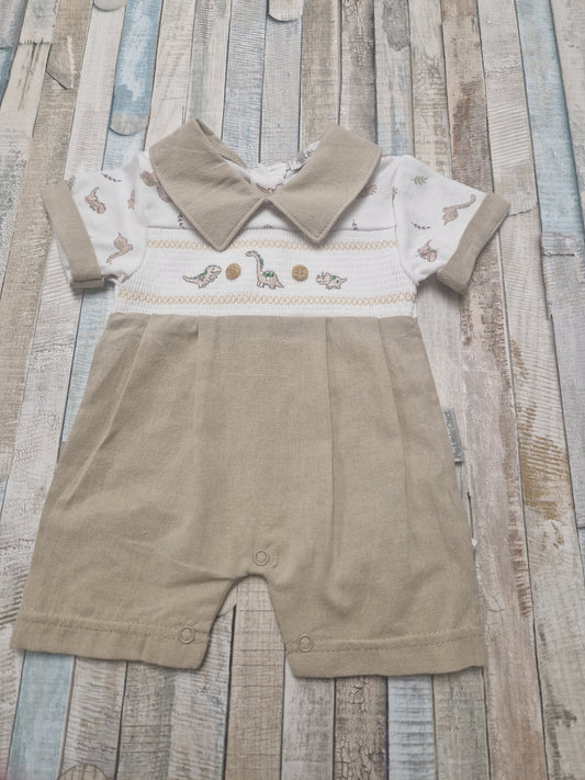 Baby Boys Beige Dinosaur Smocked Faux Button Romper