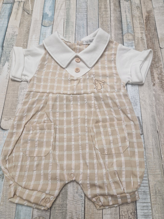 Baby Boys Beige And White Checked Rabbit Romper