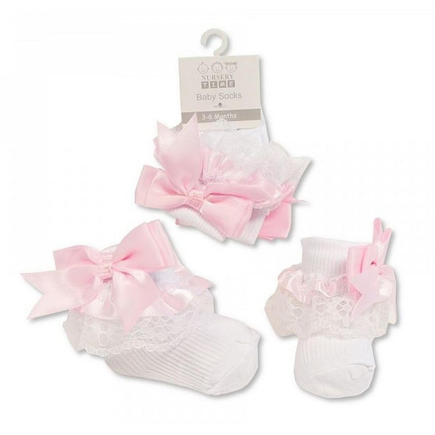 Baby Girls White Socks with Pink Ribbon Bow & White Lace