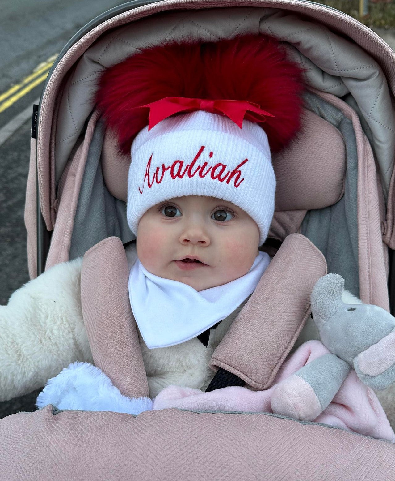Baby Girls White And Red Bow And Fluffy Double Pom Hat