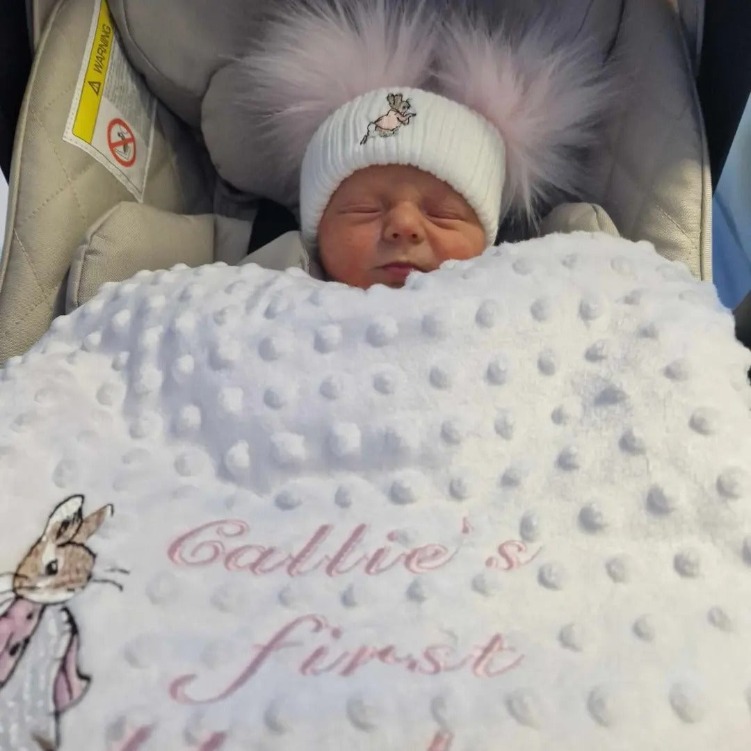 Personalised Baby Girls My First White Dimple Wrap/ Blanket With Pink Rabbit