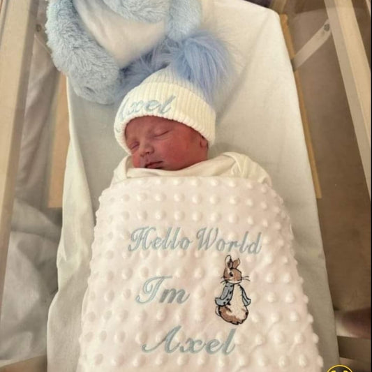 Personalised Hello World White Dimple Blanket/Wrap With Embroidered Blue Rabbit Design