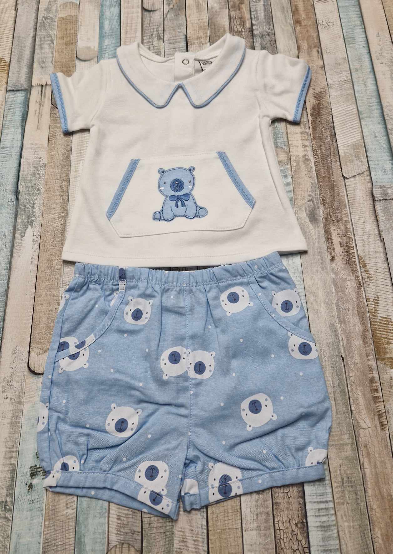 Baby Boys White And Blue Teddy Short Set