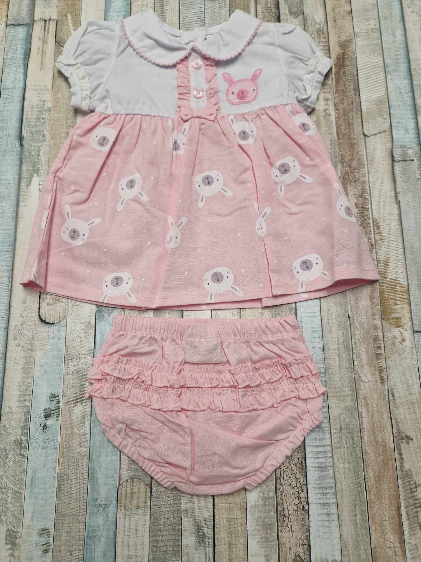Baby Girls Pink And White Rabbit Dress And Pants